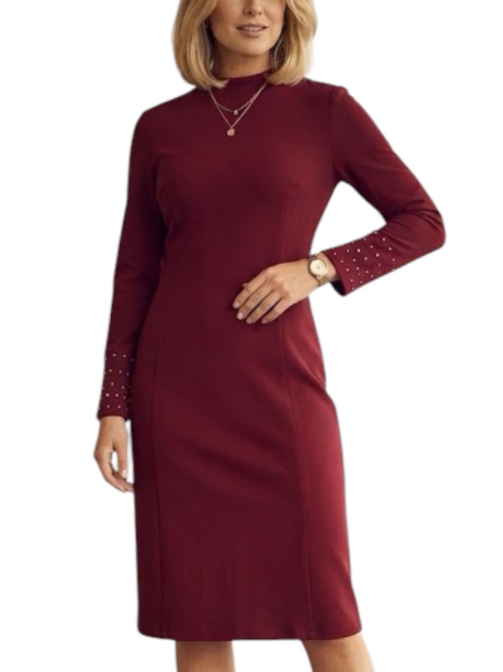 GDG ACTUEL Minimalist Academia Cocktail Maroon Red Encrusted Sleeve Midi Dress S